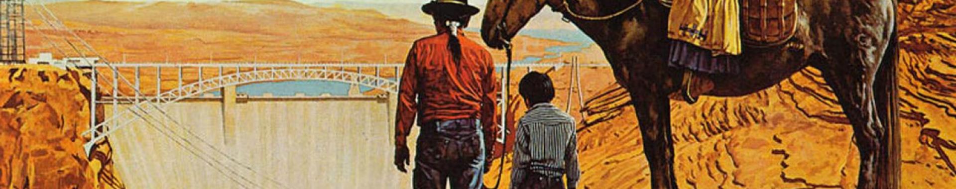 Adult, child, and horse staring at a bridge from afar